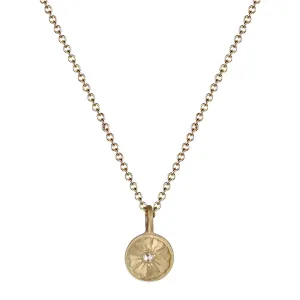 10K Gold Small Engraved Flower Pendant with Diamond