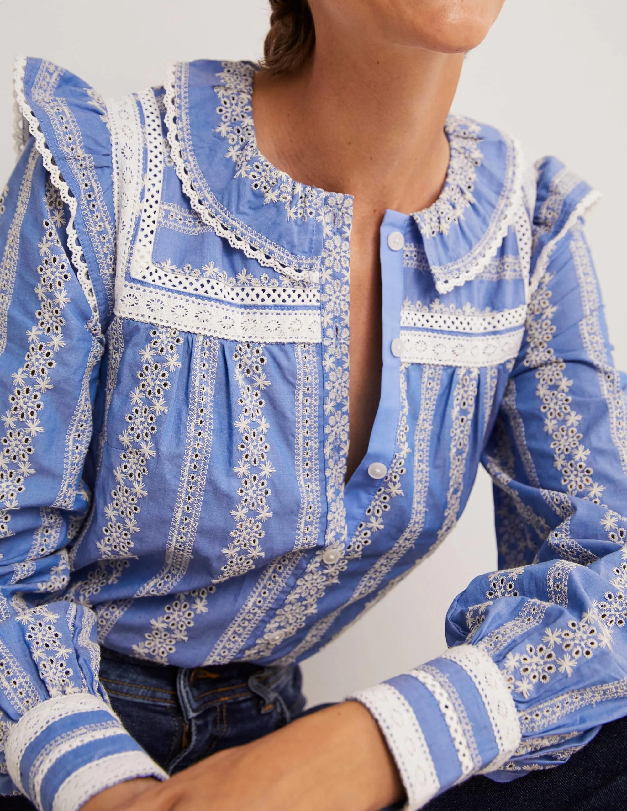 Crochet Trim Blouse-Chambray