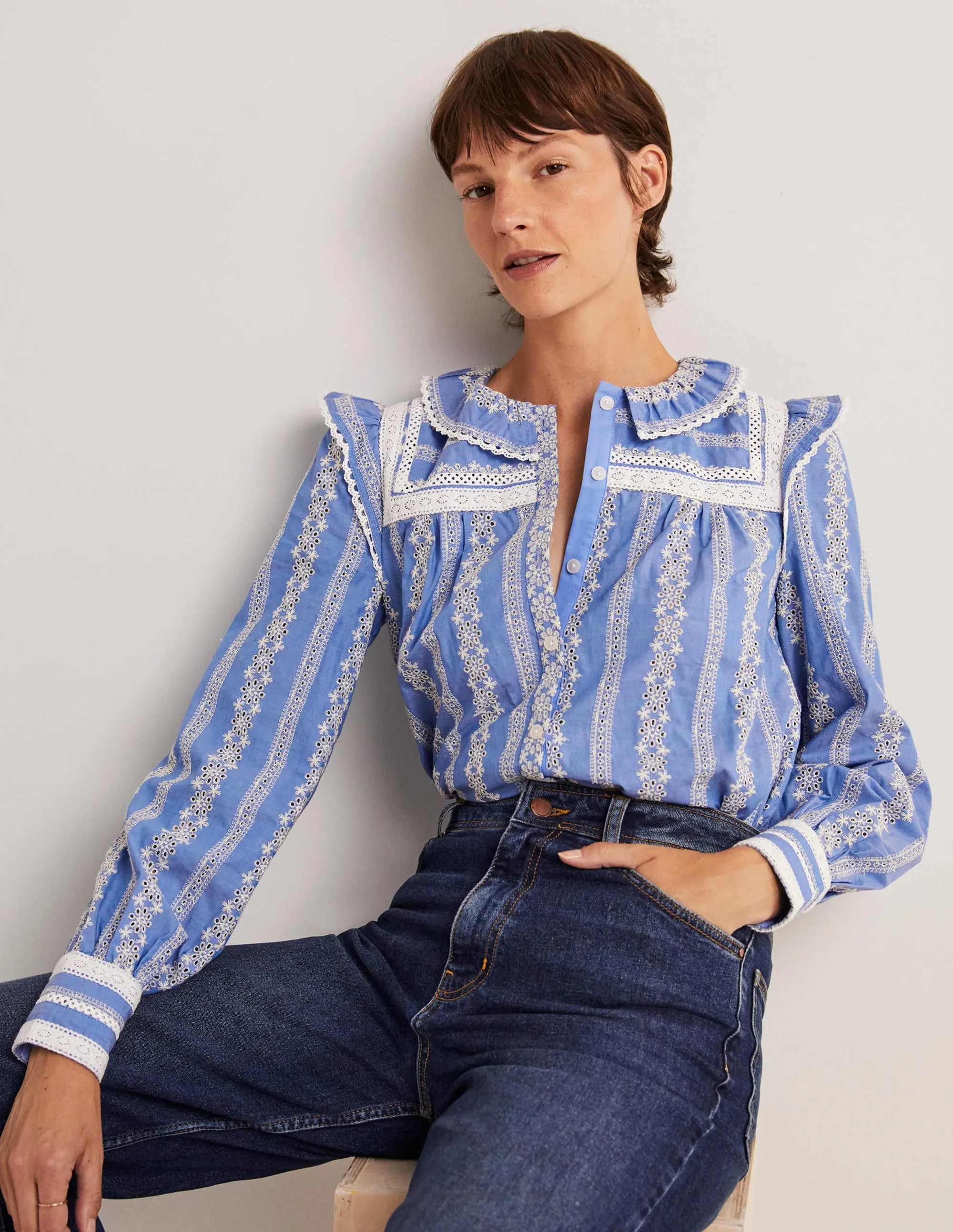 Crochet Trim Blouse-Chambray