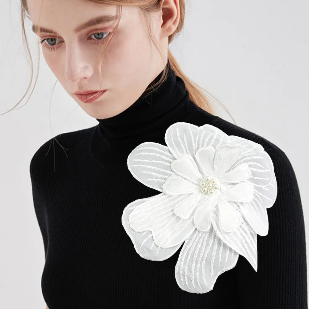 Dainty Fabric Flower Large Brooch Pin for Women Girls Fashion Organza Beaded Corsage Boutonniere Brooches Lapel Pins Delicate Wedding Birthday Holiday Dress Accessories Jewelry Gift