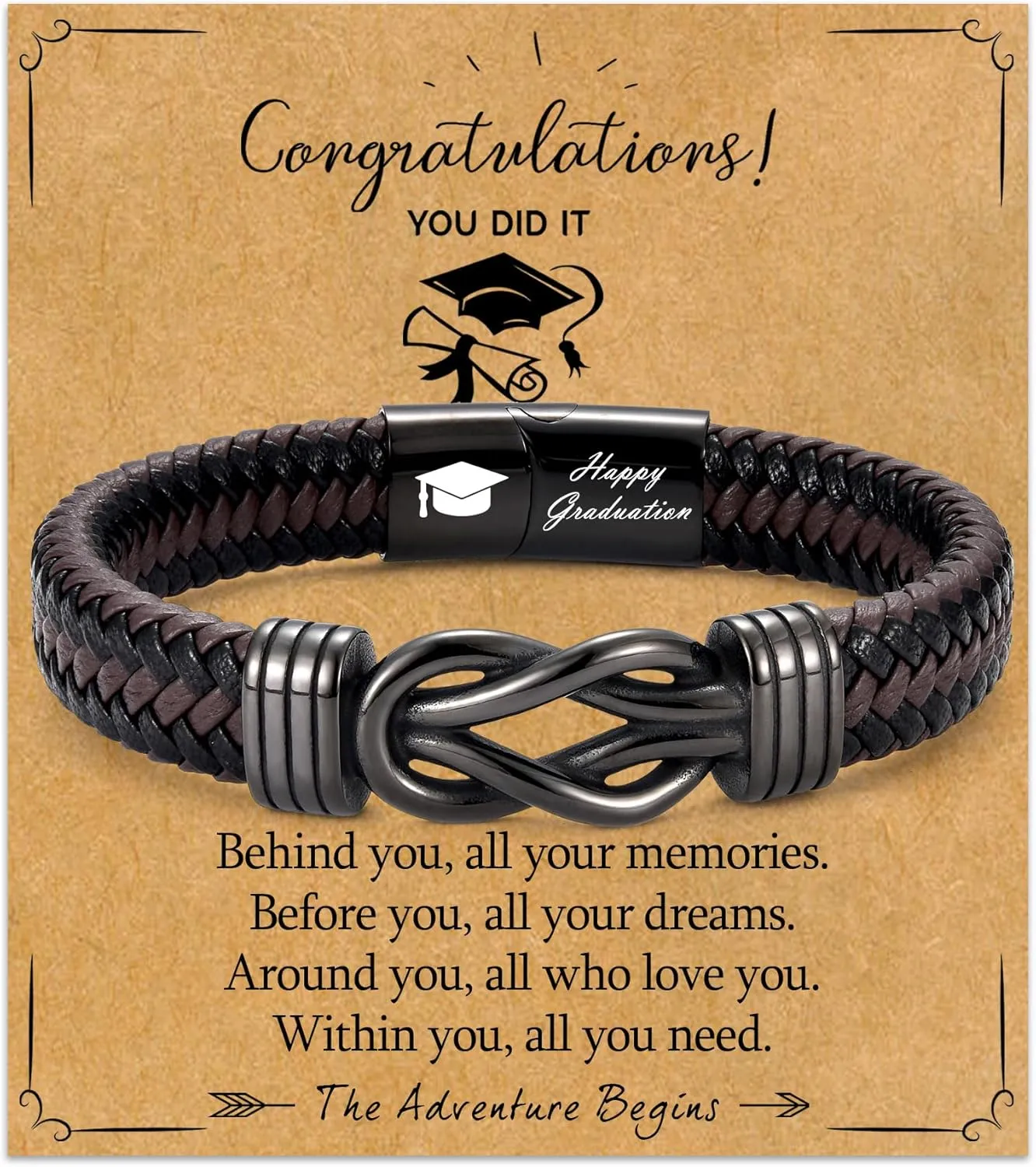 Graduation Gifts for Him, Class of 2025 High School College Graduation Gifts for Son, Grandson, Nephew, Brother, Adjustable Infinity Leather Bracelet for Men Boys