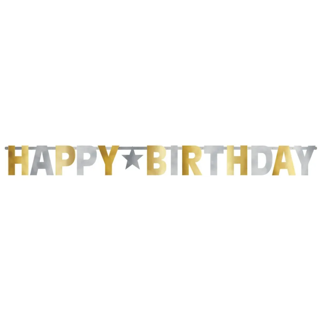 Happy Birthday Giant Foil Leter Banner Silver & Gold
