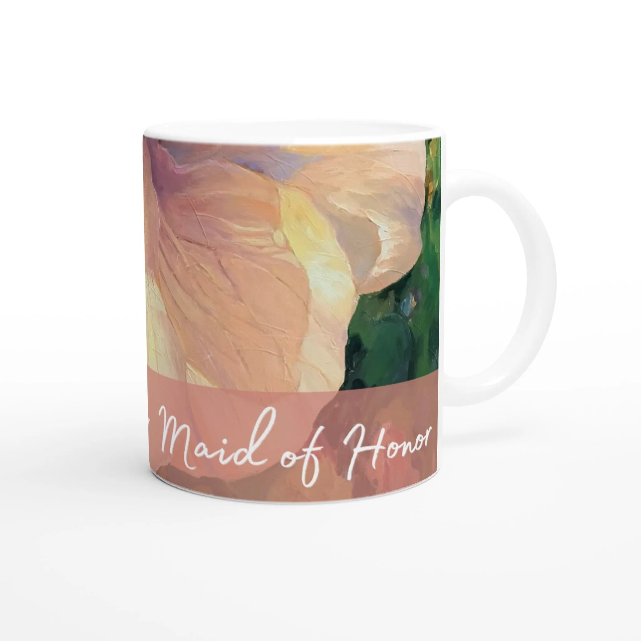 'Maid of Honor' 11oz White Ceramic Mug | Bridal Collection with 'Hibiscus' Artwork by American Artist Barbara Cleary