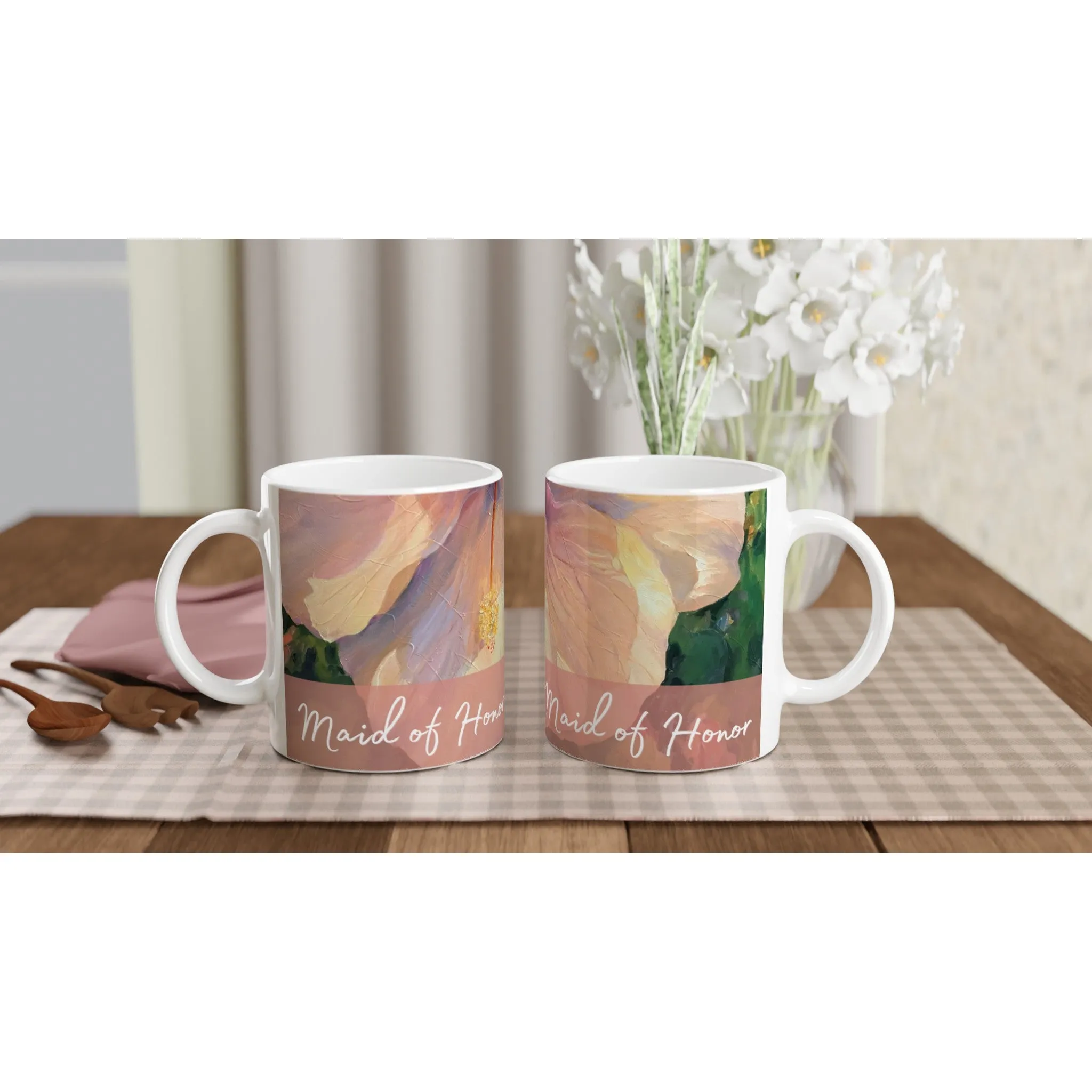 'Maid of Honor' 11oz White Ceramic Mug | Bridal Collection with 'Hibiscus' Artwork by American Artist Barbara Cleary