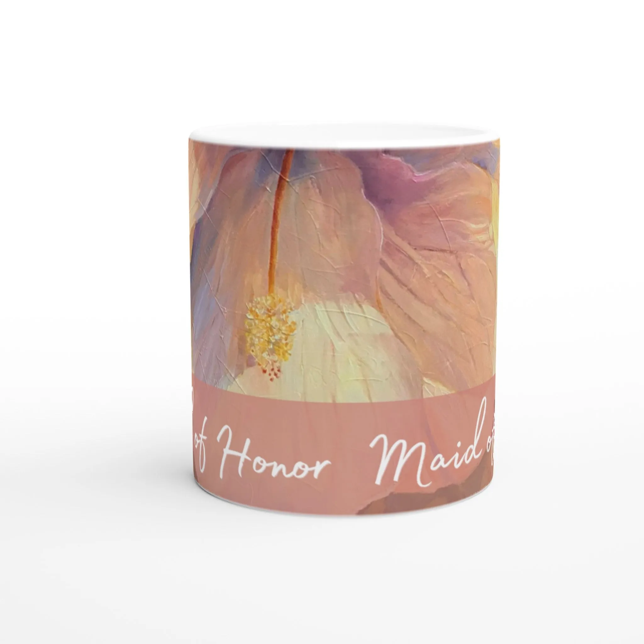 'Maid of Honor' 11oz White Ceramic Mug | Bridal Collection with 'Hibiscus' Artwork by American Artist Barbara Cleary