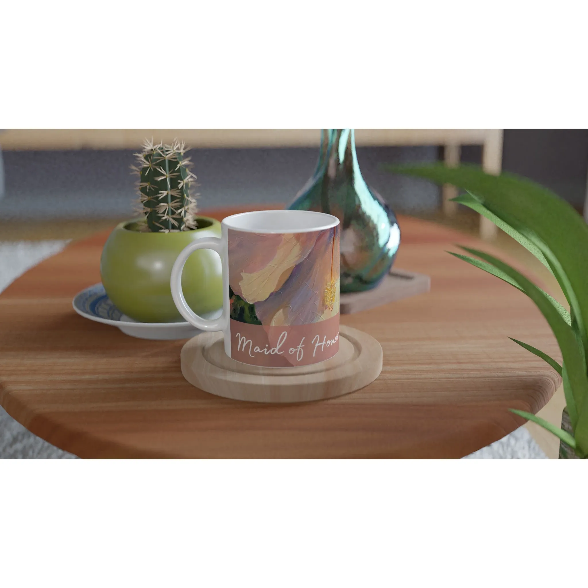 'Maid of Honor' 11oz White Ceramic Mug | Bridal Collection with 'Hibiscus' Artwork by American Artist Barbara Cleary
