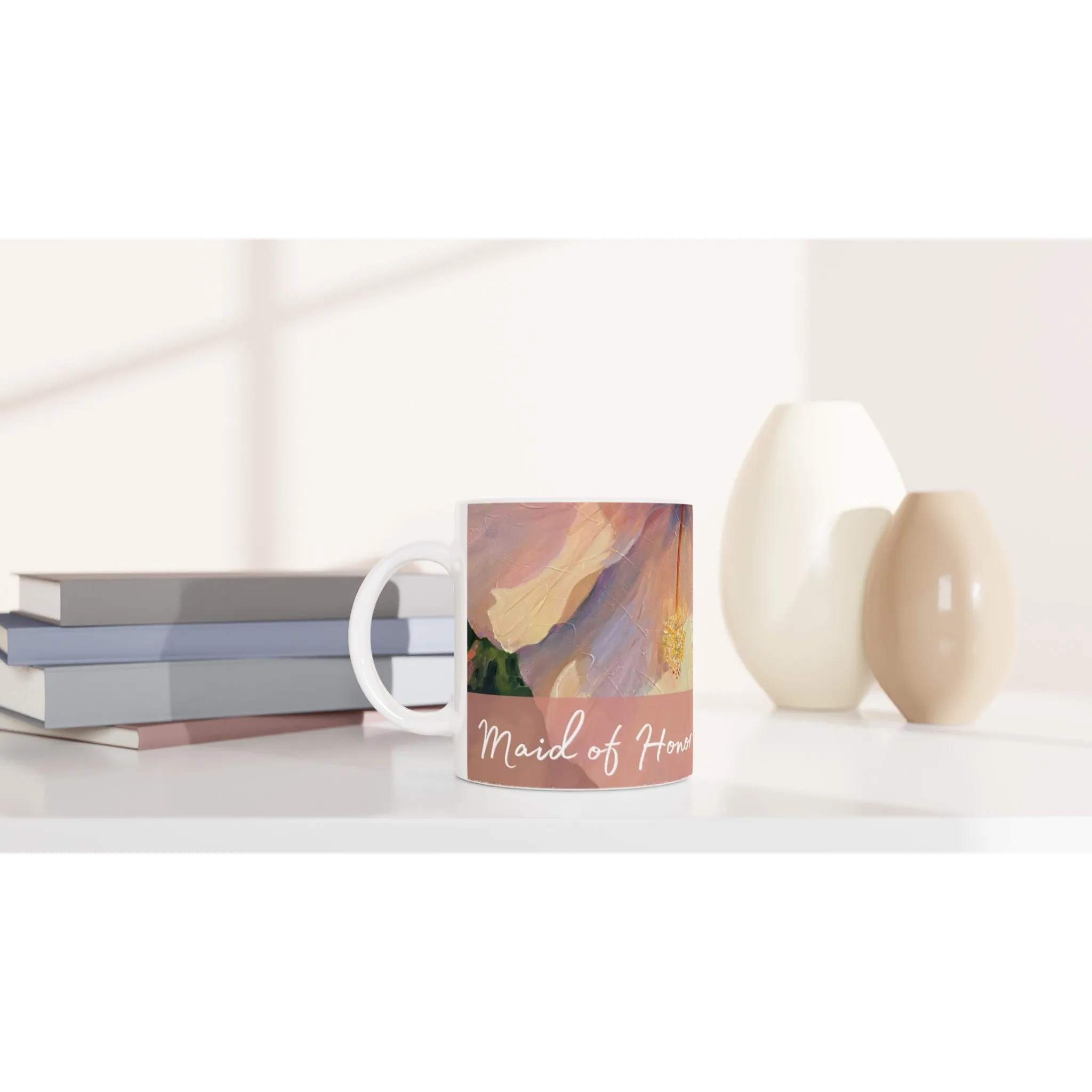 'Maid of Honor' 11oz White Ceramic Mug | Bridal Collection with 'Hibiscus' Artwork by American Artist Barbara Cleary
