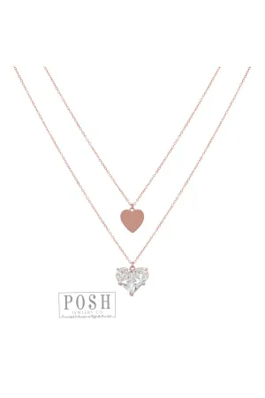 Posh Jewelry Co. Rose Gold Double Chain Necklace With Flat Heart And Faceted Heart Shaped Rhinestone