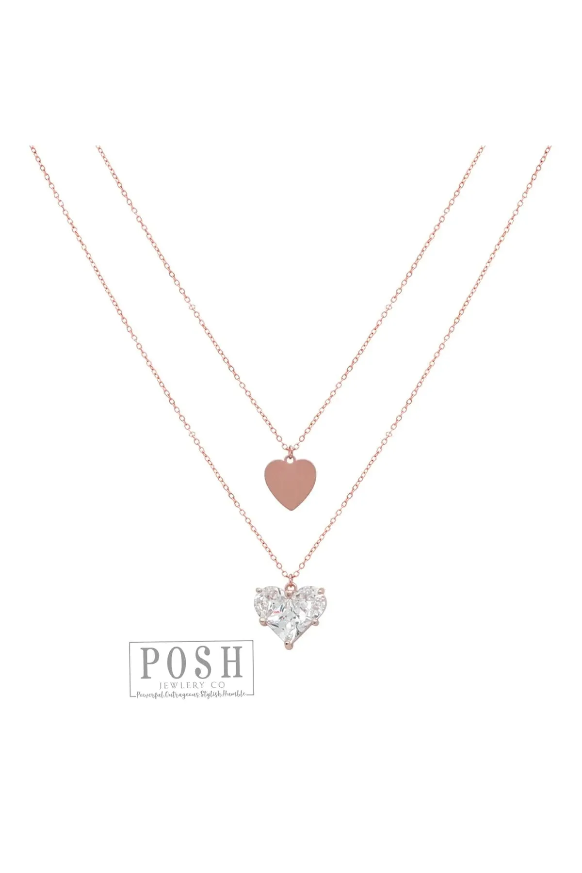 Posh Jewelry Co. Rose Gold Double Chain Necklace With Flat Heart And Faceted Heart Shaped Rhinestone
