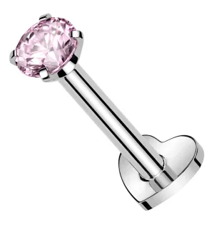 Prong Pink CZ Internally Threaded Titanium Heart Disk Labret
