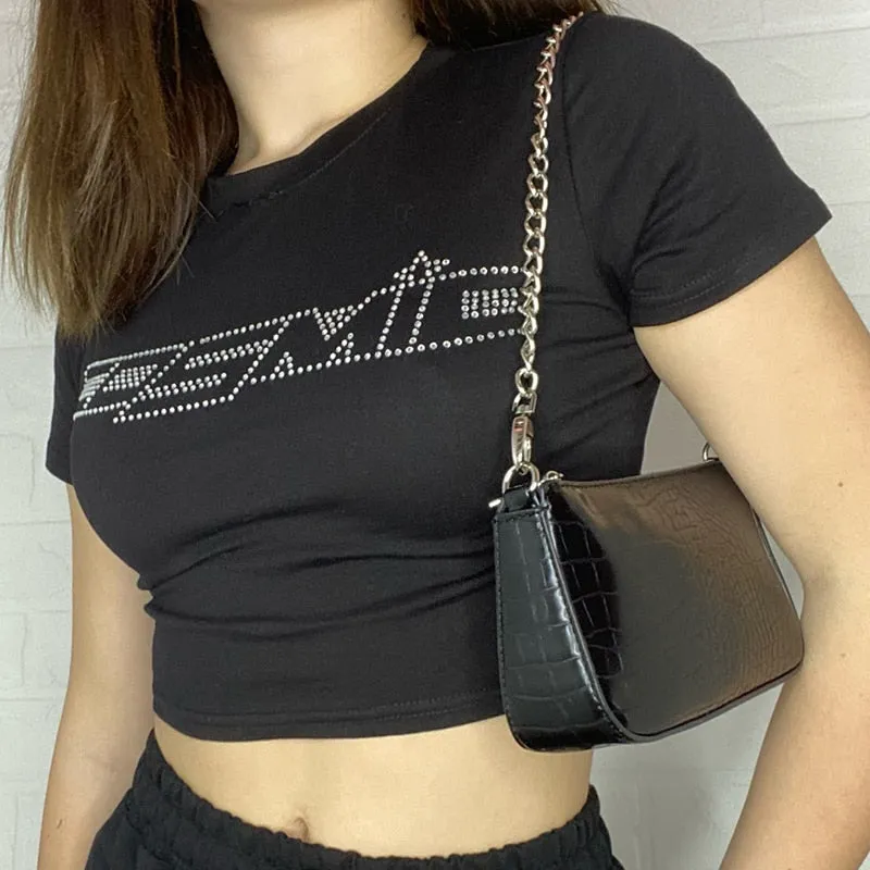 Punk Vintage Rhinestone Cosmic Letters Tshirt Black Goth Clothes Harajuku O-neck Short Sleeve Crop Top T Shirt