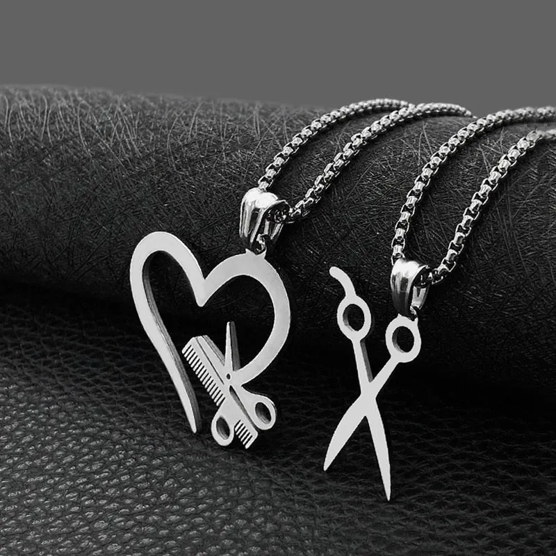 Stainless Steel Heart Scissors Haircut Barber Men's Necklace Pendant Chain