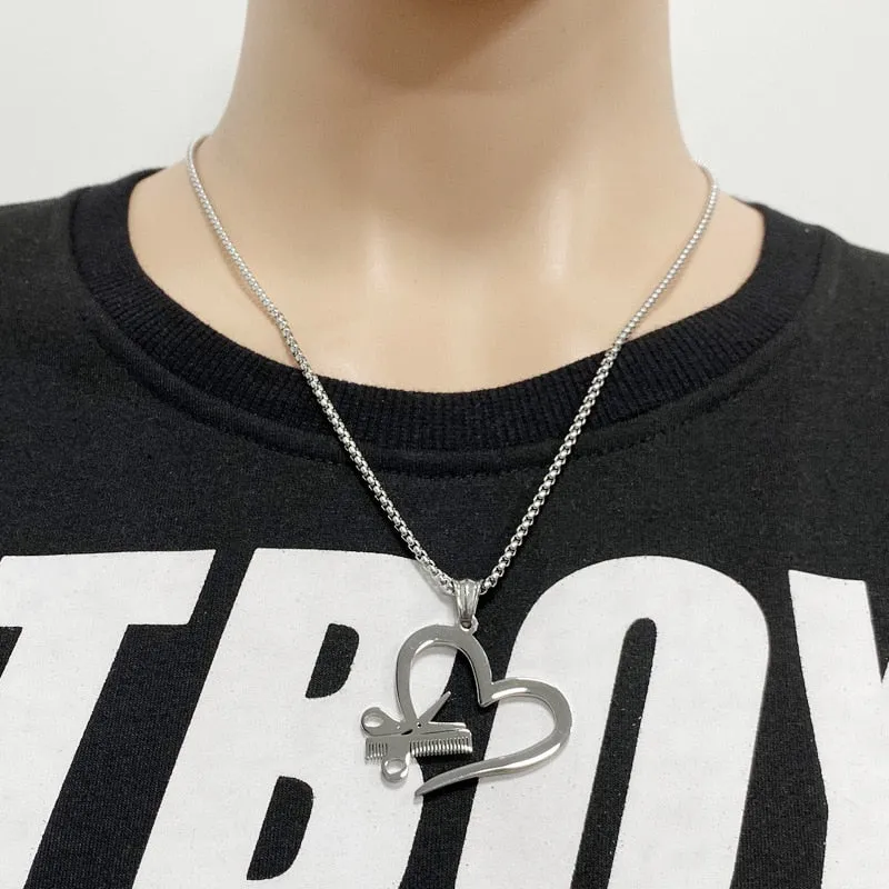 Stainless Steel Heart Scissors Haircut Barber Men's Necklace Pendant Chain