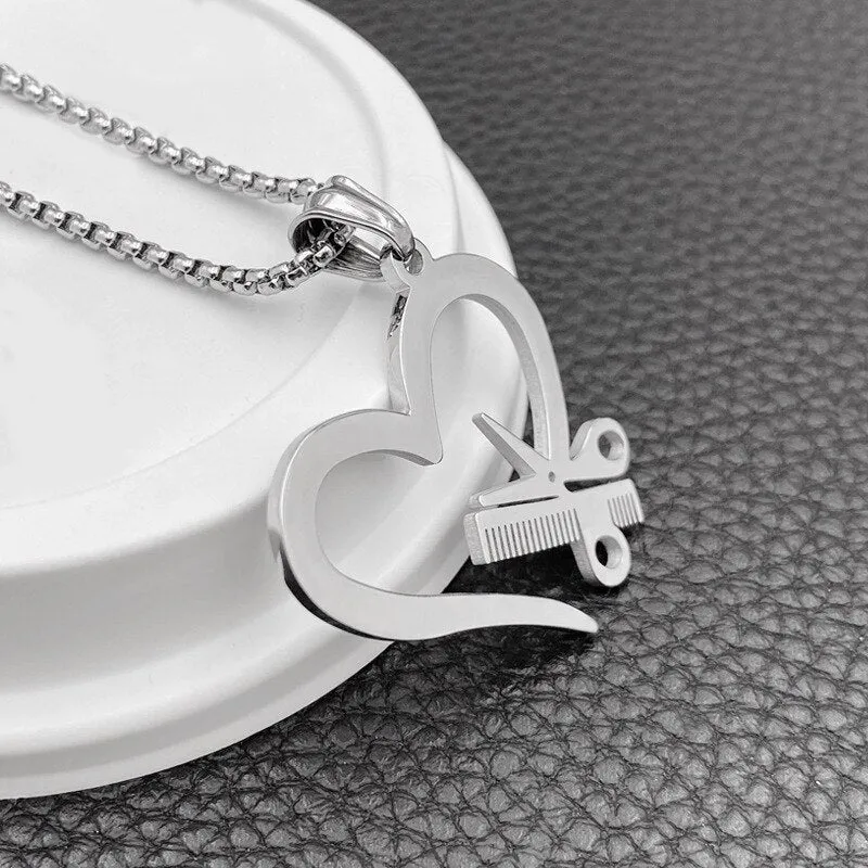 Stainless Steel Heart Scissors Haircut Barber Men's Necklace Pendant Chain