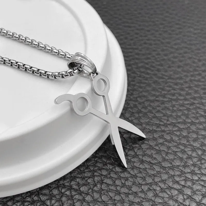 Stainless Steel Heart Scissors Haircut Barber Men's Necklace Pendant Chain