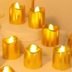 TLISMI Shiny Metallic Textured Bright Warm White Lighting Flameless & Smokeless LED Tea Light Creative Battery Operated Golden Colored Simulation Candle for Indoor & Outdoor Home Decor (Pack of 24)