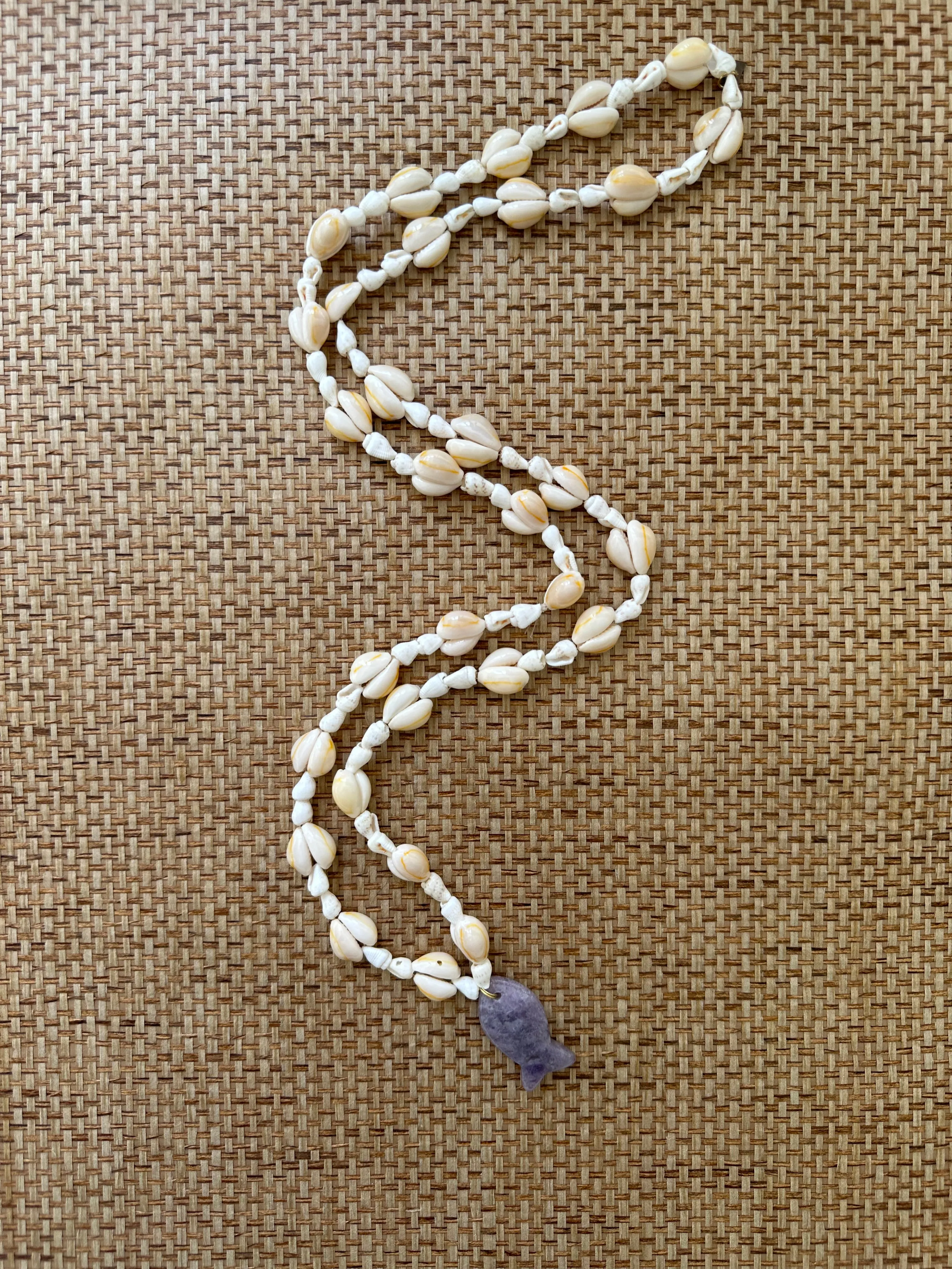 Vintage Seashell Long Necklace with Amethyst Fish - Pre-order Shipping May 15th