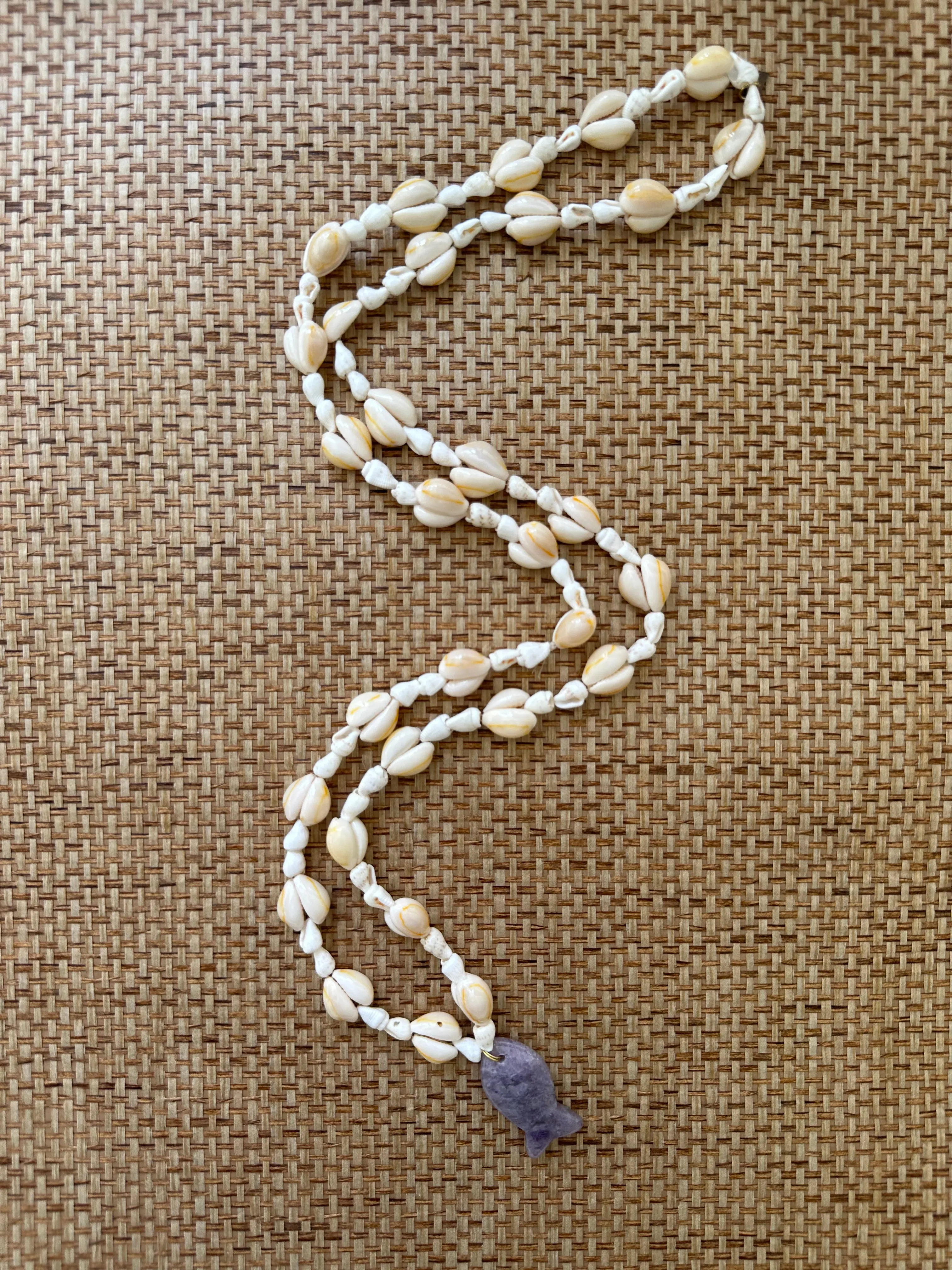 Vintage Seashell Long Necklace with Amethyst Fish - Pre-order Shipping May 15th