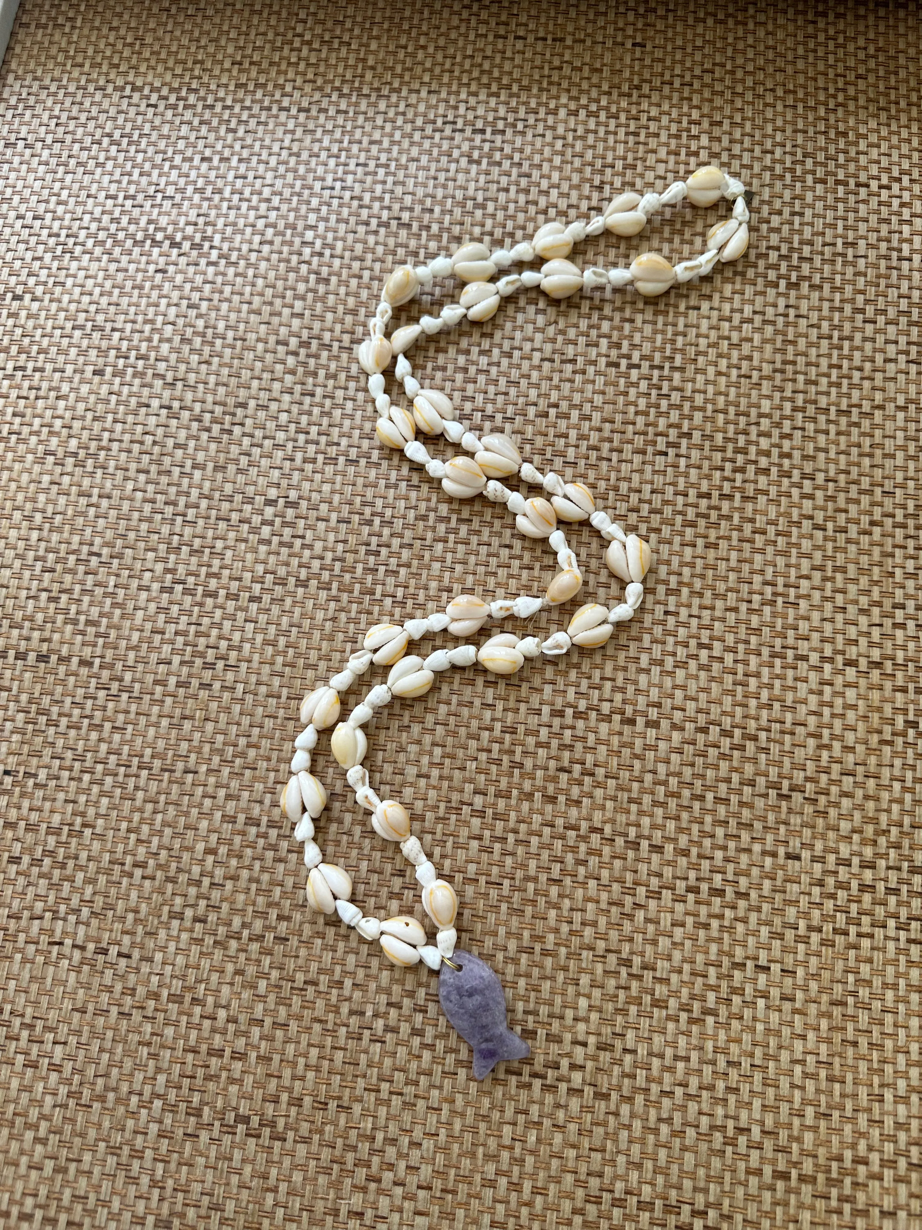 Vintage Seashell Long Necklace with Amethyst Fish - Pre-order Shipping May 15th