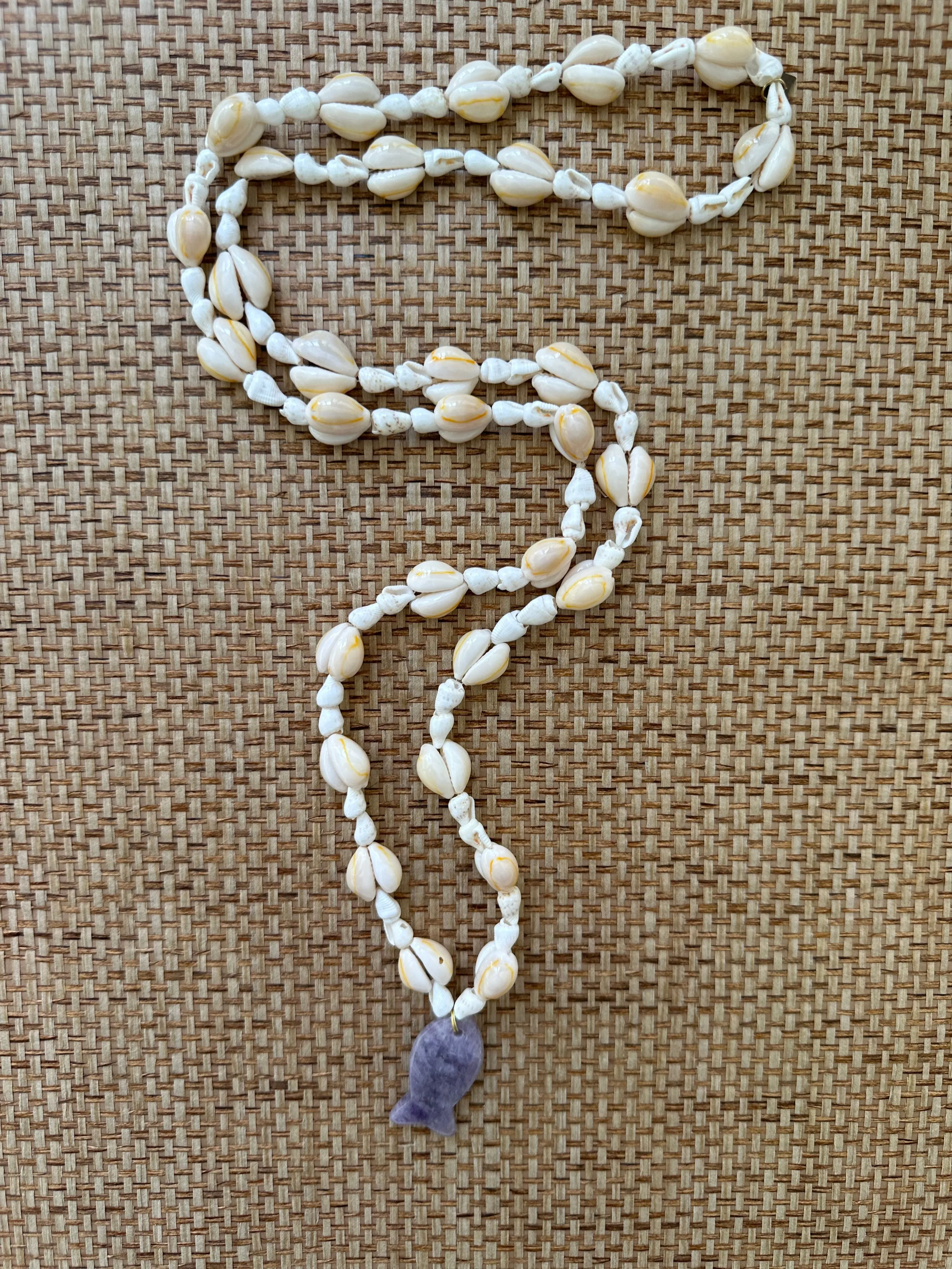 Vintage Seashell Long Necklace with Amethyst Fish - Pre-order Shipping May 15th