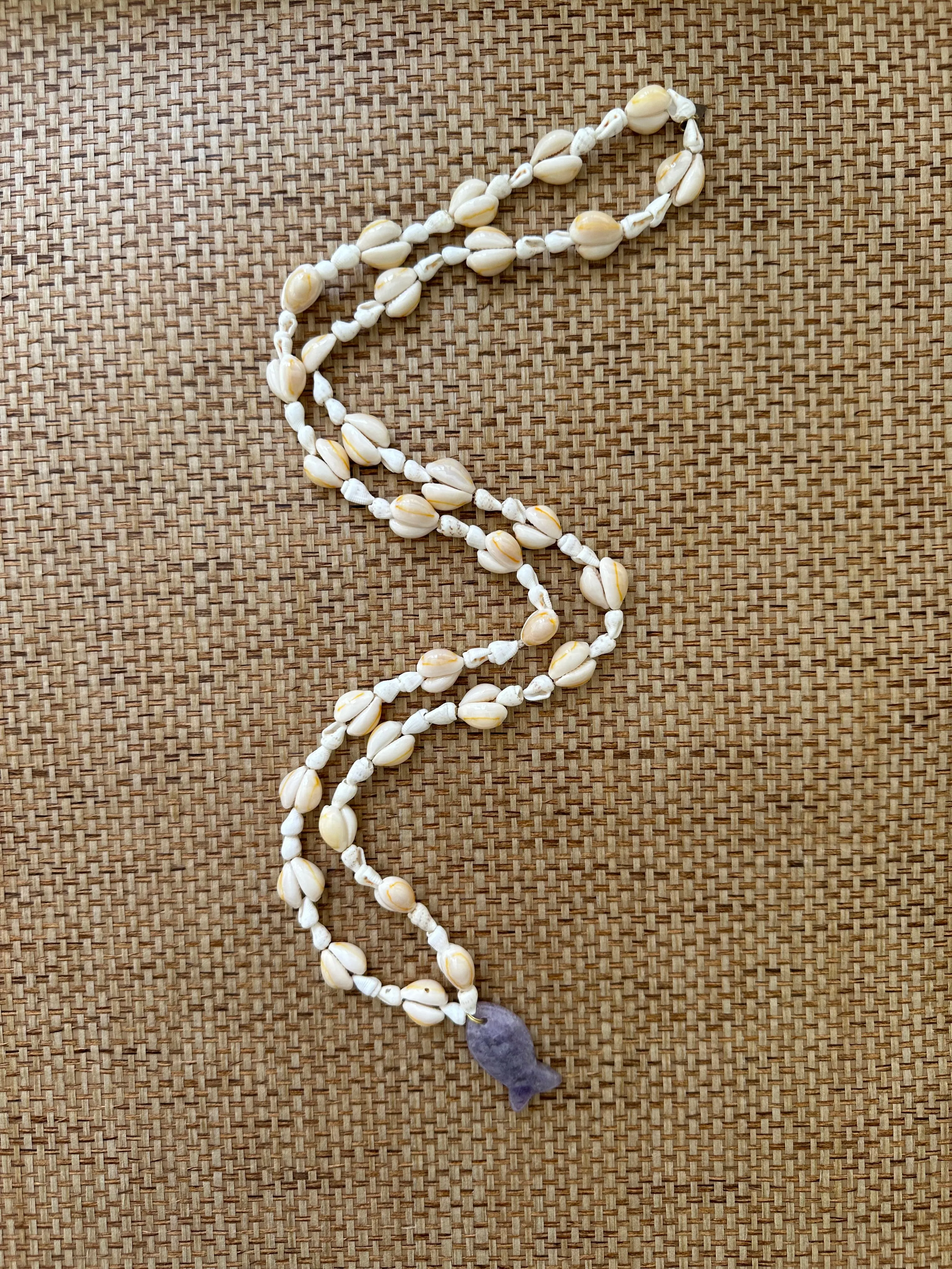 Vintage Seashell Long Necklace with Amethyst Fish - Pre-order Shipping May 15th