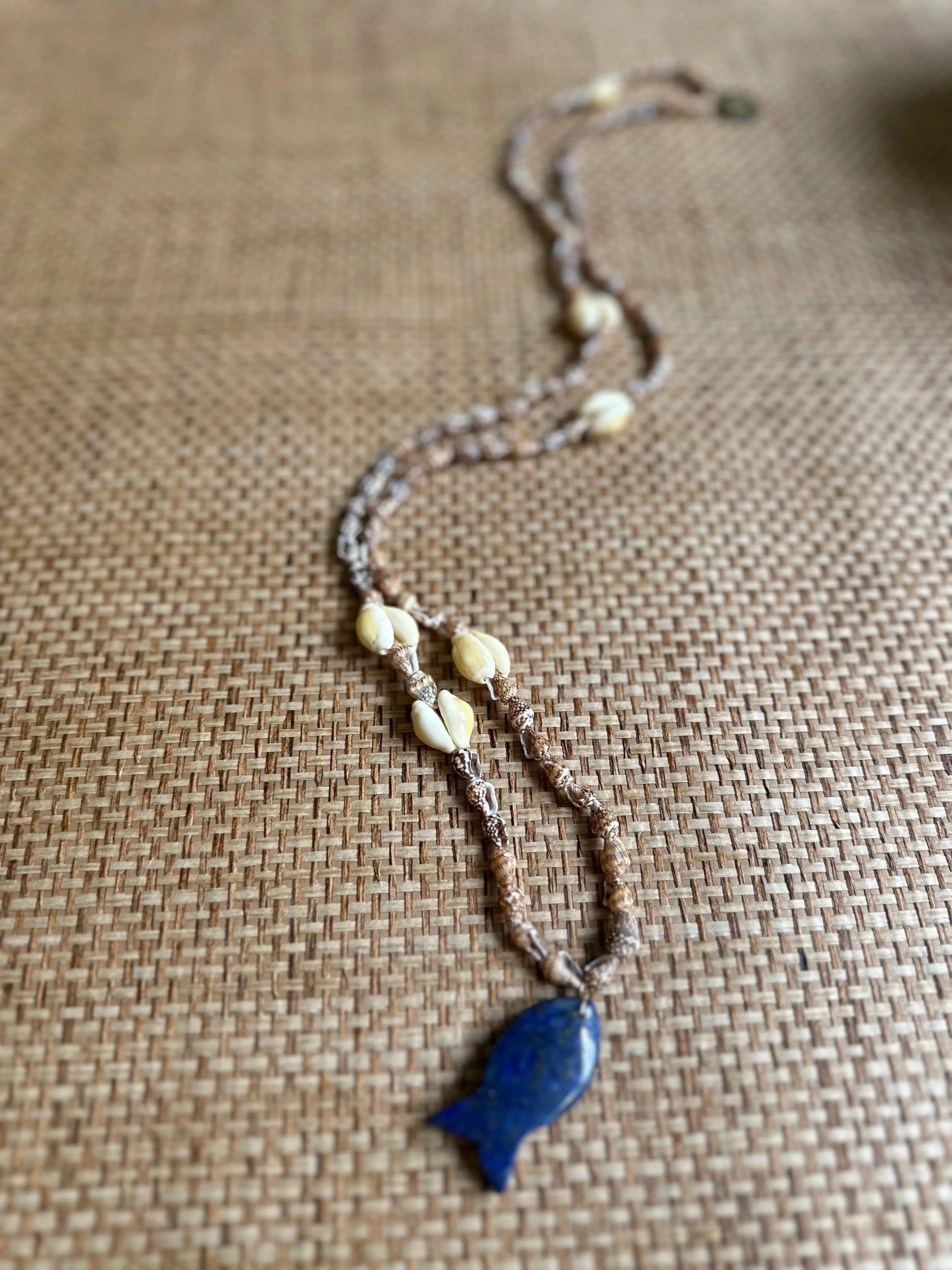 Vintage Seashell Long Necklace with Blue Lapis Fish - Preorder Shipping May 15th