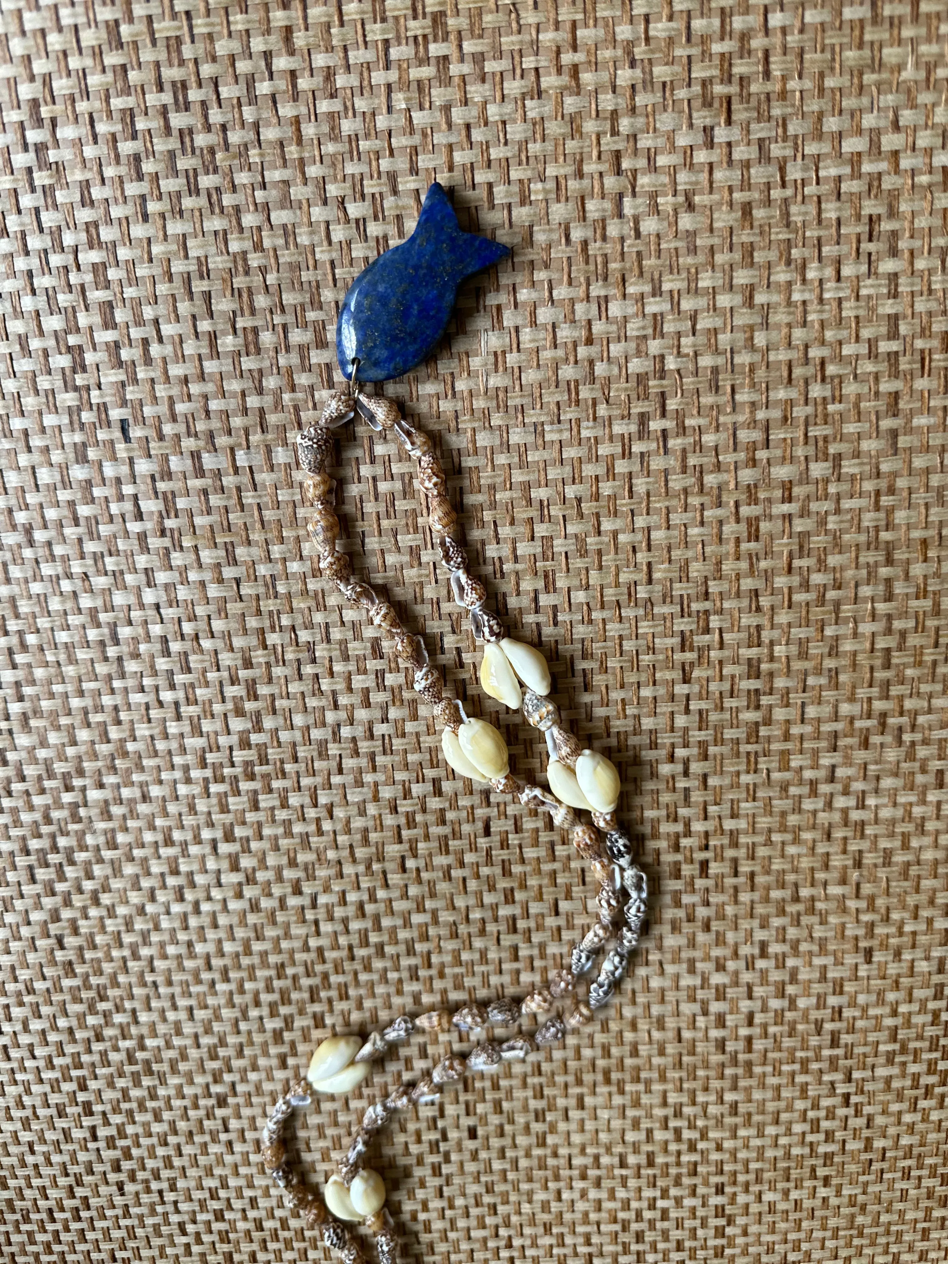 Vintage Seashell Long Necklace with Blue Lapis Fish - Preorder Shipping May 15th
