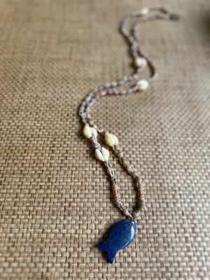 Vintage Seashell Long Necklace with Blue Lapis Fish - Preorder Shipping May 15th