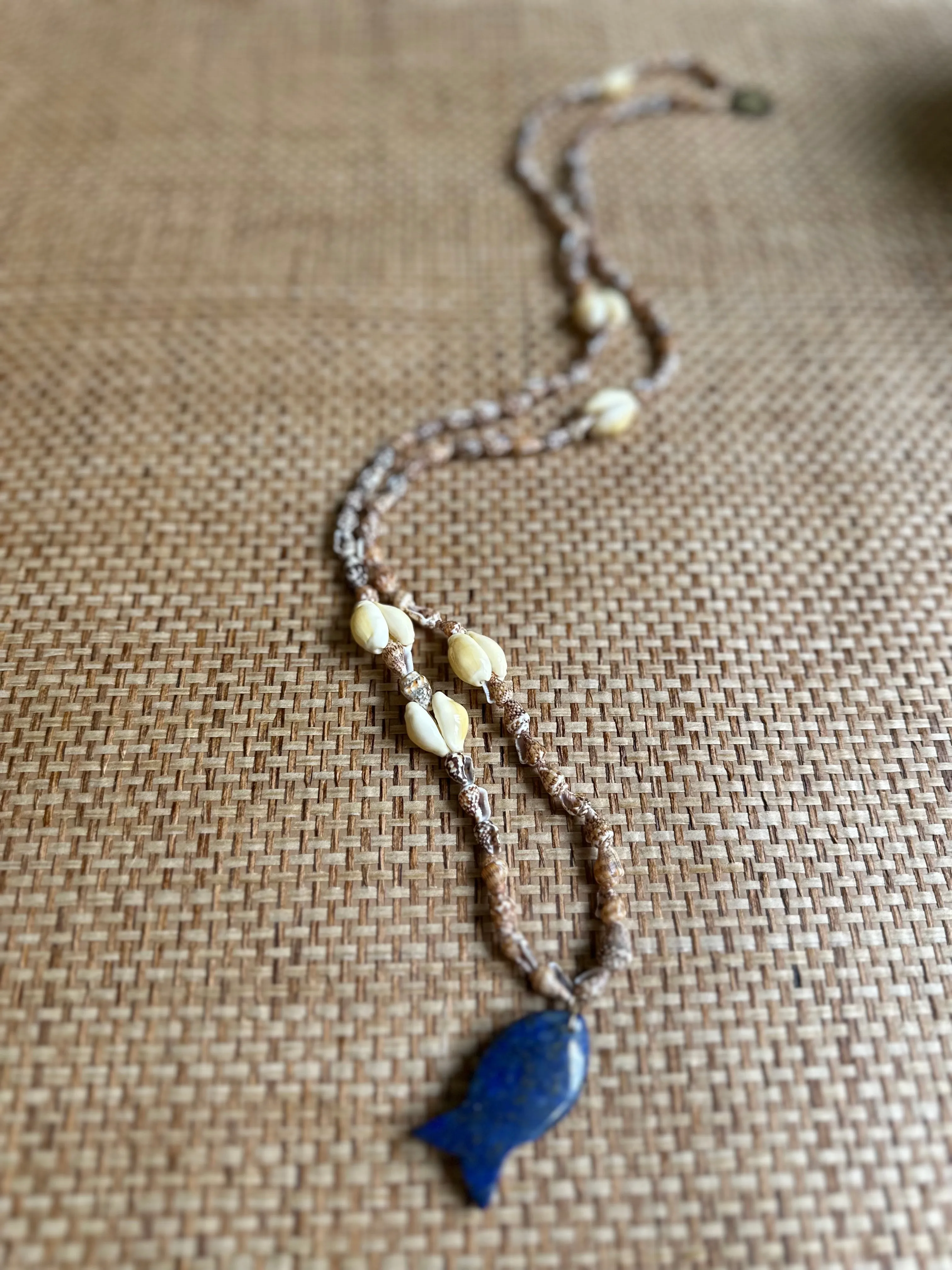 Vintage Seashell Long Necklace with Blue Lapis Fish - Preorder Shipping May 15th